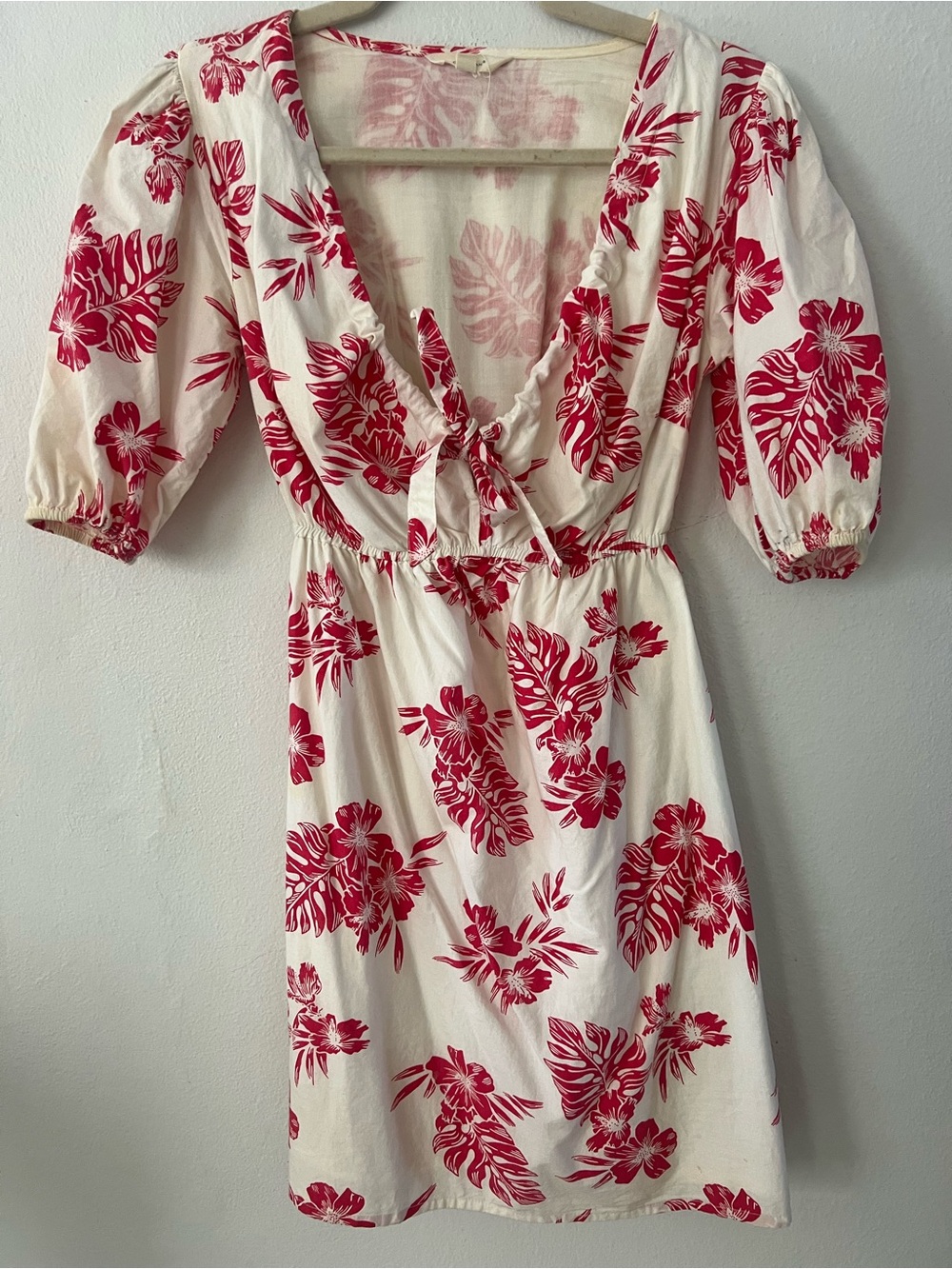 Cream Mini Dress with Red Floral Print and Tie-Front